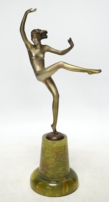 In the manner of Josef Lorenzl, an Art Deco bronze figure of a dancer on onyx base, 29cm. Condition - fair to good